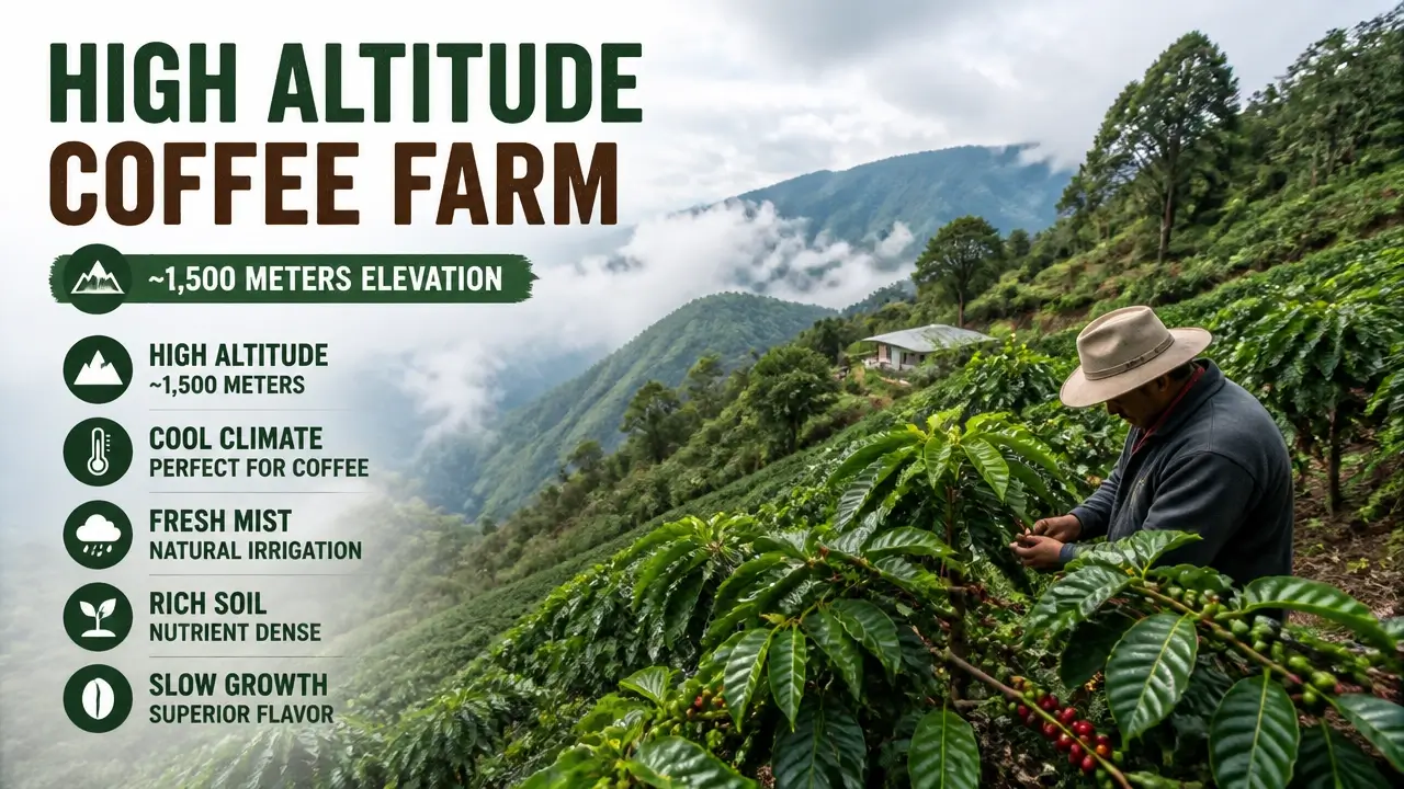 Documentary photo of steep coffee farm slopes with coffee trees at 1500 meters elevation in cool microclimate
