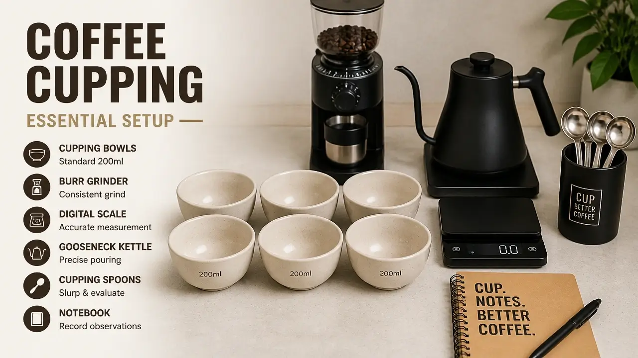 Home cupping equipment on clean counter with ceramic bowls, burr grinder, digital scale, gooseneck kettle, cupping spoons, and notebook