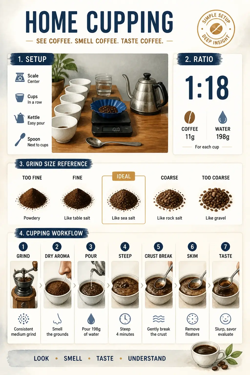 Infographic showing home cupping station with equipment placement, 1-18 coffee to water ratio, grind size reference, and step by step workflow from grind to taste