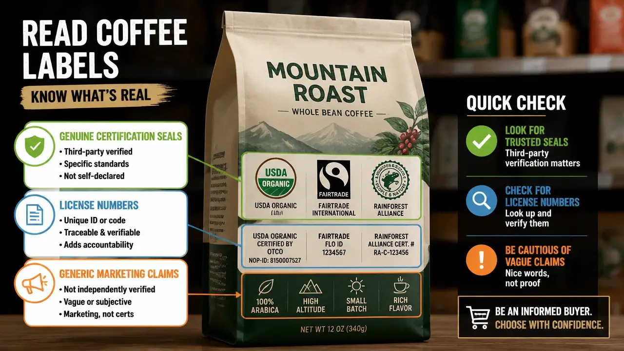 Coffee bag with annotations pointing to certification seals license numbers and marketing claims for label reading