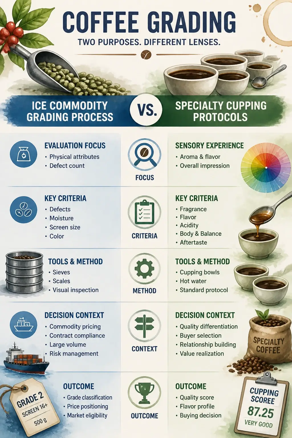 Infographic comparing ICE commodity grading process with specialty cupping protocols showing evaluation criteria and decision contexts in hyper-realistic 3D watercolor style