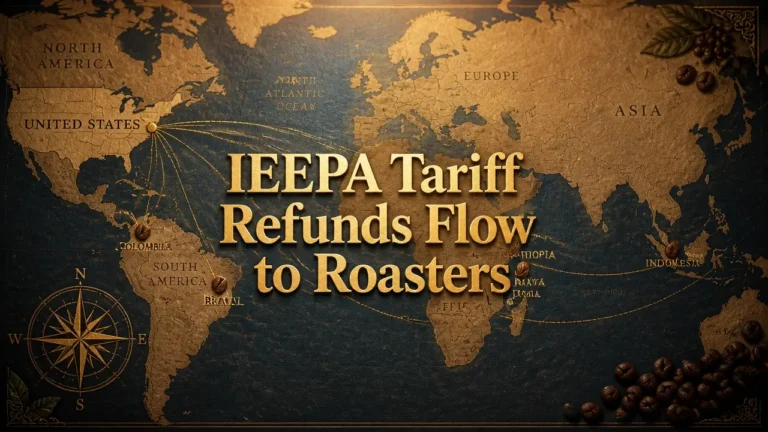 World map with gold typography announcing IEEPA tariff refunds reaching U.S. coffee roasters, warm sepia tones