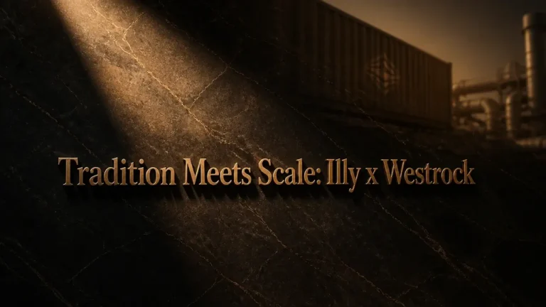 Bronze embossed headline on dark marble with warm spotlight, referencing illycaffè Westrock partnership reshaping US RTD coffee market