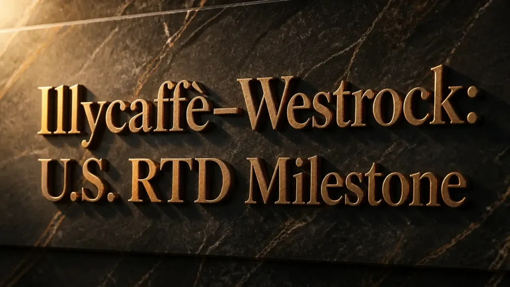 Illycaffè–Westrock pact deepens U.S. RTD push 6 Bronze embossed text 'Illycaffè–Westrock: U.S. RTD Milestone' on dark marble with warm lighting representing premium coffee collaboration