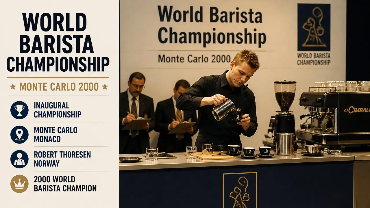 The History of the World Barista Championship: From Monte Carlo to a Global Stage 4 Archival photograph of Robert Thoresen winning routine at first World Barista Championship in Monte Carlo 2000