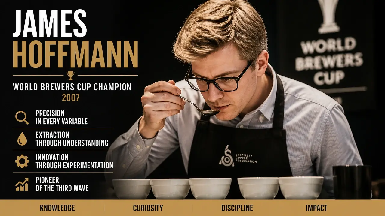 Famous Barista Champions: The Stories, Strategies, and Legacies That Redefined Coffee 4 James Hoffmann in competition era documentary portrait with coffee gear