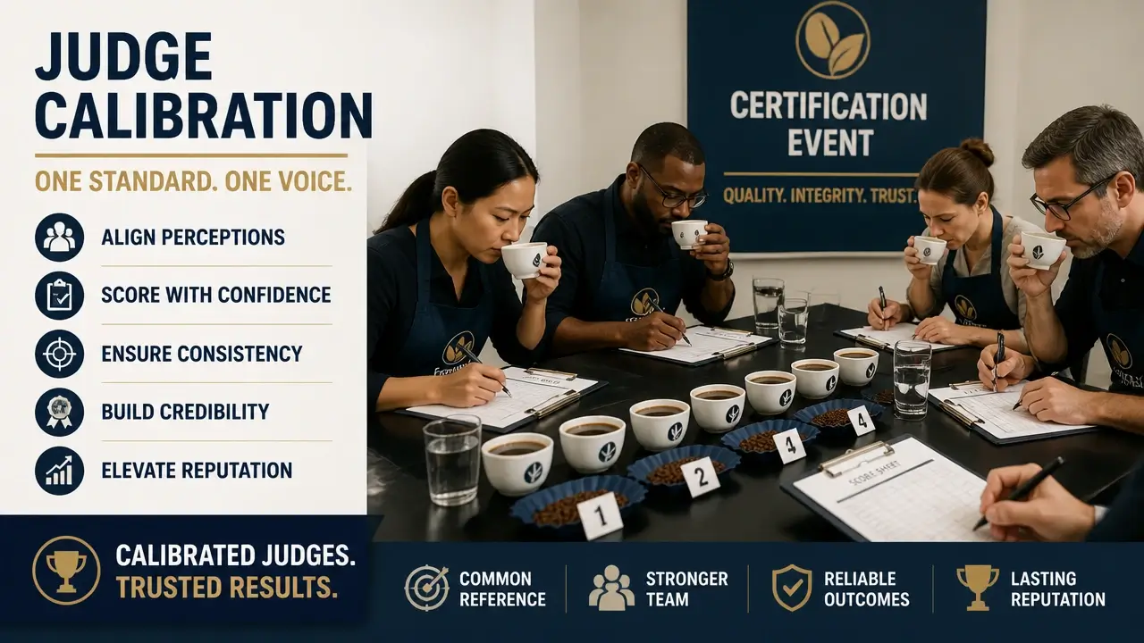 How to Become a Coffee Competition Judge: The Complete Path for Coffee Professionals 6 A group of judges calibrating together at a certification event with scoresheets and sample cups