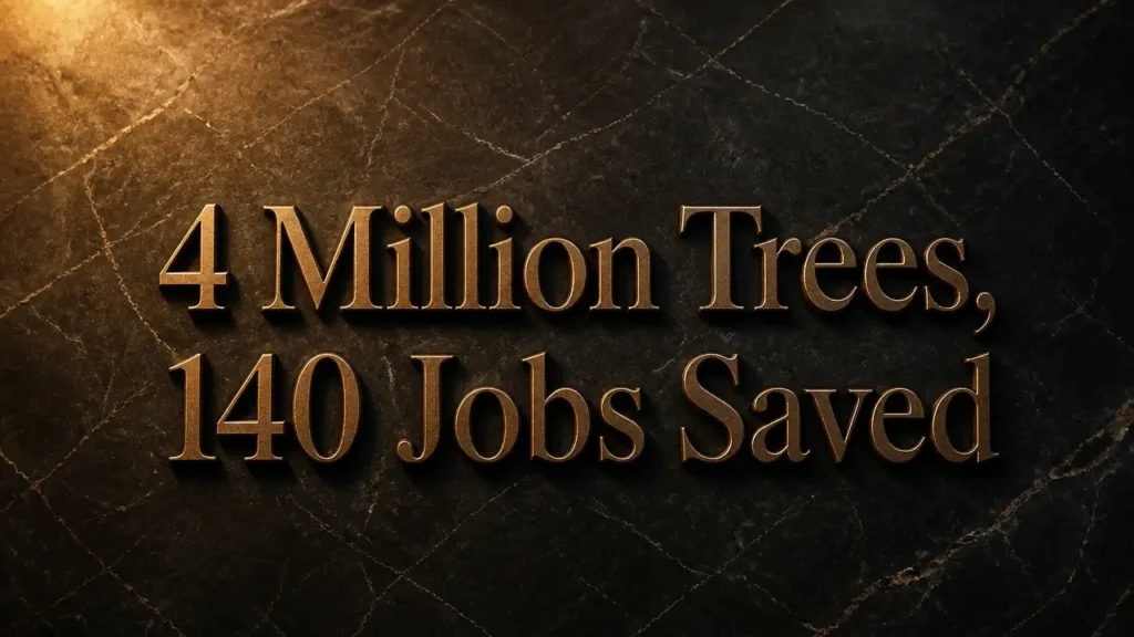 Kauai Coffee Lease Secures Farm and Jobs 4 Bronze embossed typography on dark stone reading '4 Million Trees, 140 Jobs Saved' for Kauai Coffee lease article