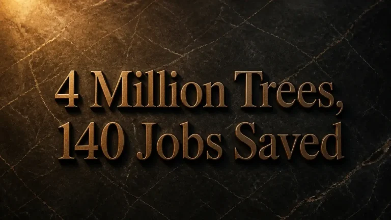 Bronze embossed typography on dark stone reading '4 Million Trees, 140 Jobs Saved' for Kauai Coffee lease article