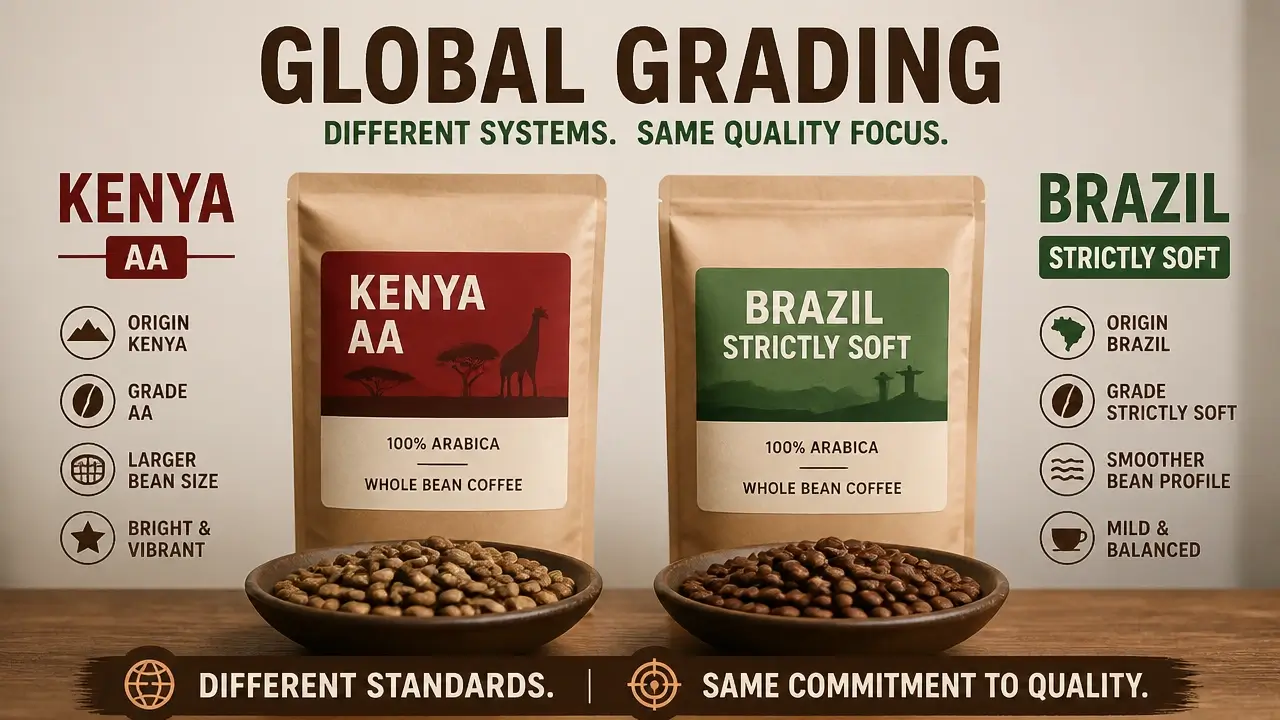 Two coffee bags side by side with Kenya AA and Brazil Strictly Soft grading labels