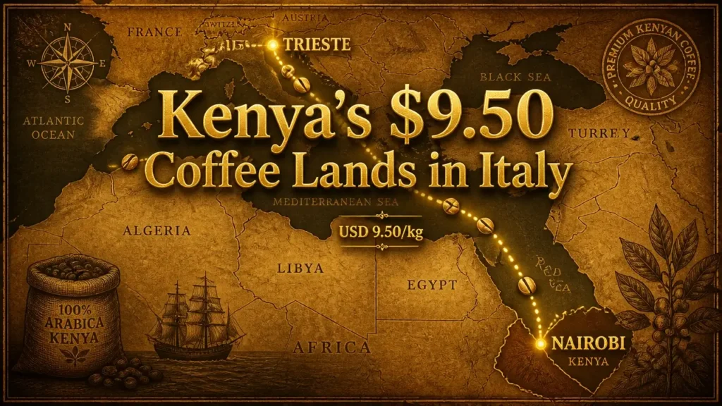 Aged map with shipping route from Nairobi to Trieste, gold foil headline 'Kenya's $9.50 Coffee Lands in Italy' over premium coffee deal