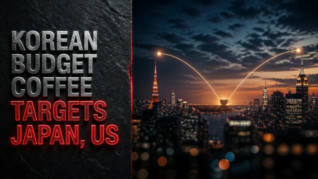 Korean budget coffee chains target Japan and US 2 Bold typography announcing Korean budget coffee chains targeting Japan and US, with atmospheric city backdrop