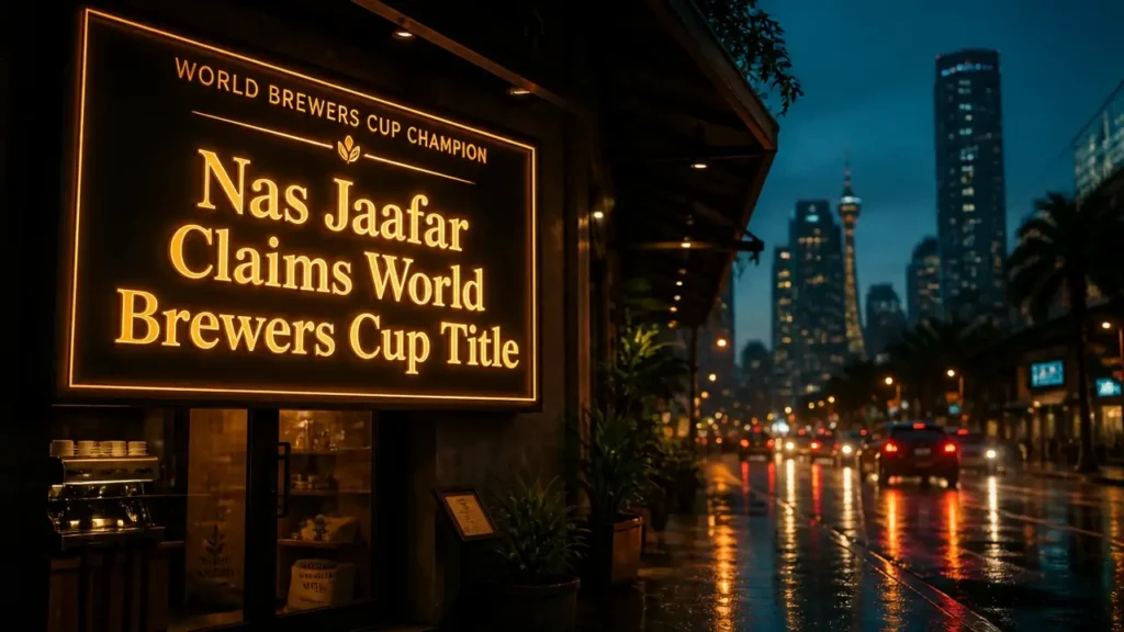 Glowing gold neon sign reading World Brewers Cup Champion above a coffee shop entrance at dusk in a Southeast Asian city street scene