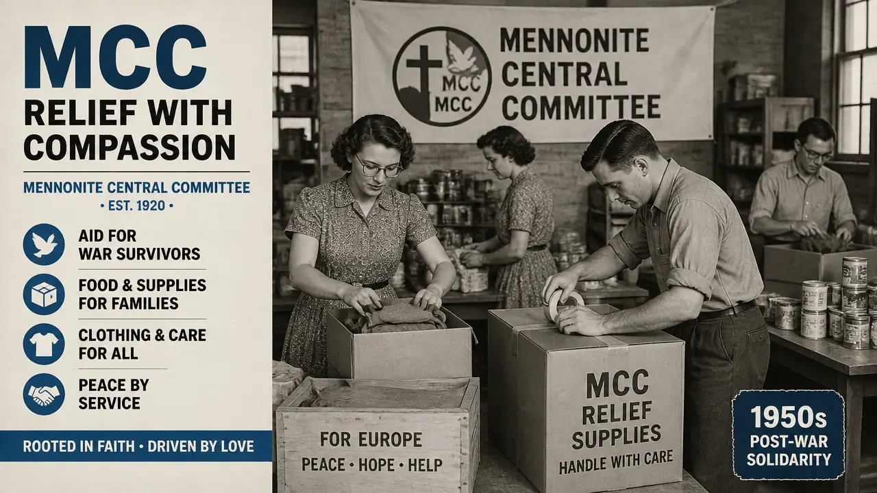 Archival photograph of Mennonite Central Committee relief workers and alternative trade shop in the 1950s, showcasing grassroots post-war solidarity