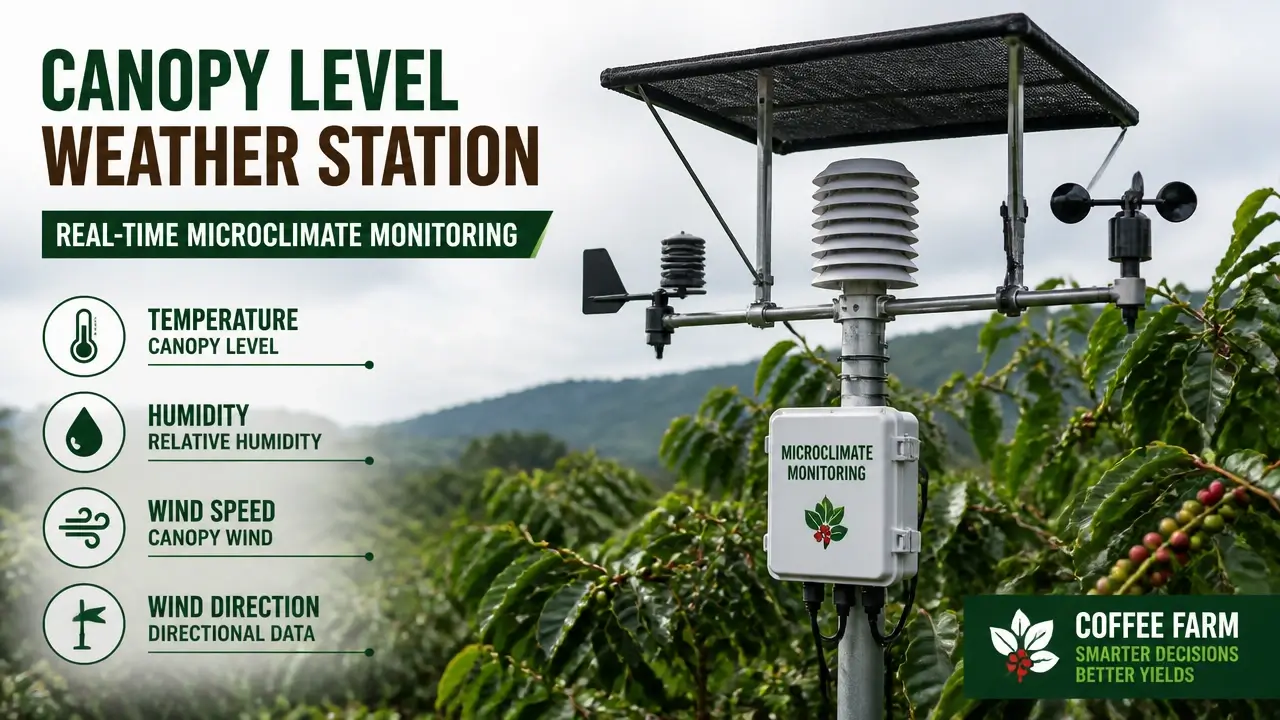 Documentary photo of multi-sensor weather station and shade canopy equipment in coffee farm measuring temperature humidity wind at canopy level