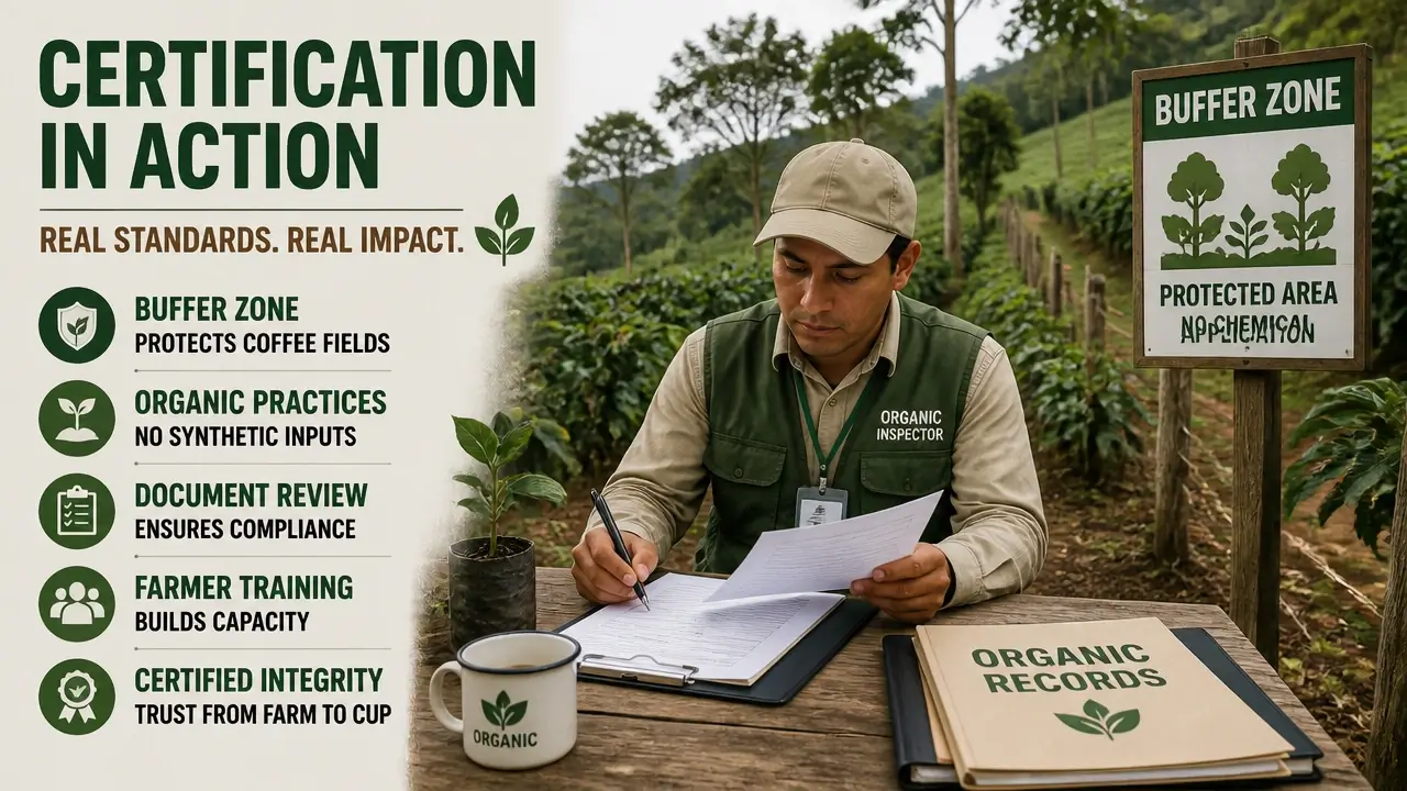 Organic inspector reviewing certification documents at coffee farm buffer zone