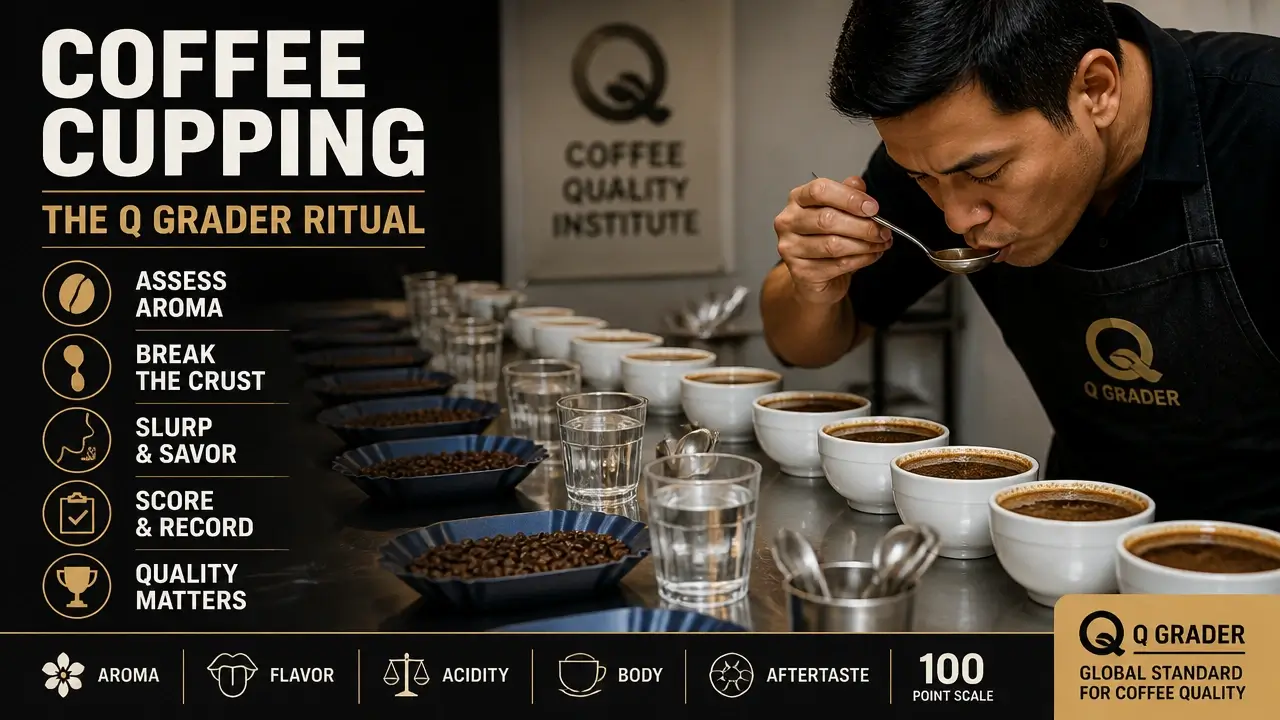 Q Grader mid-slurp at a professional cupping table with bowls and spoons