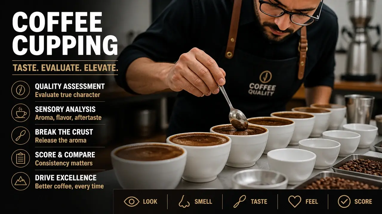 Cupper breaking crust at professional cupping table with bowls and spoons