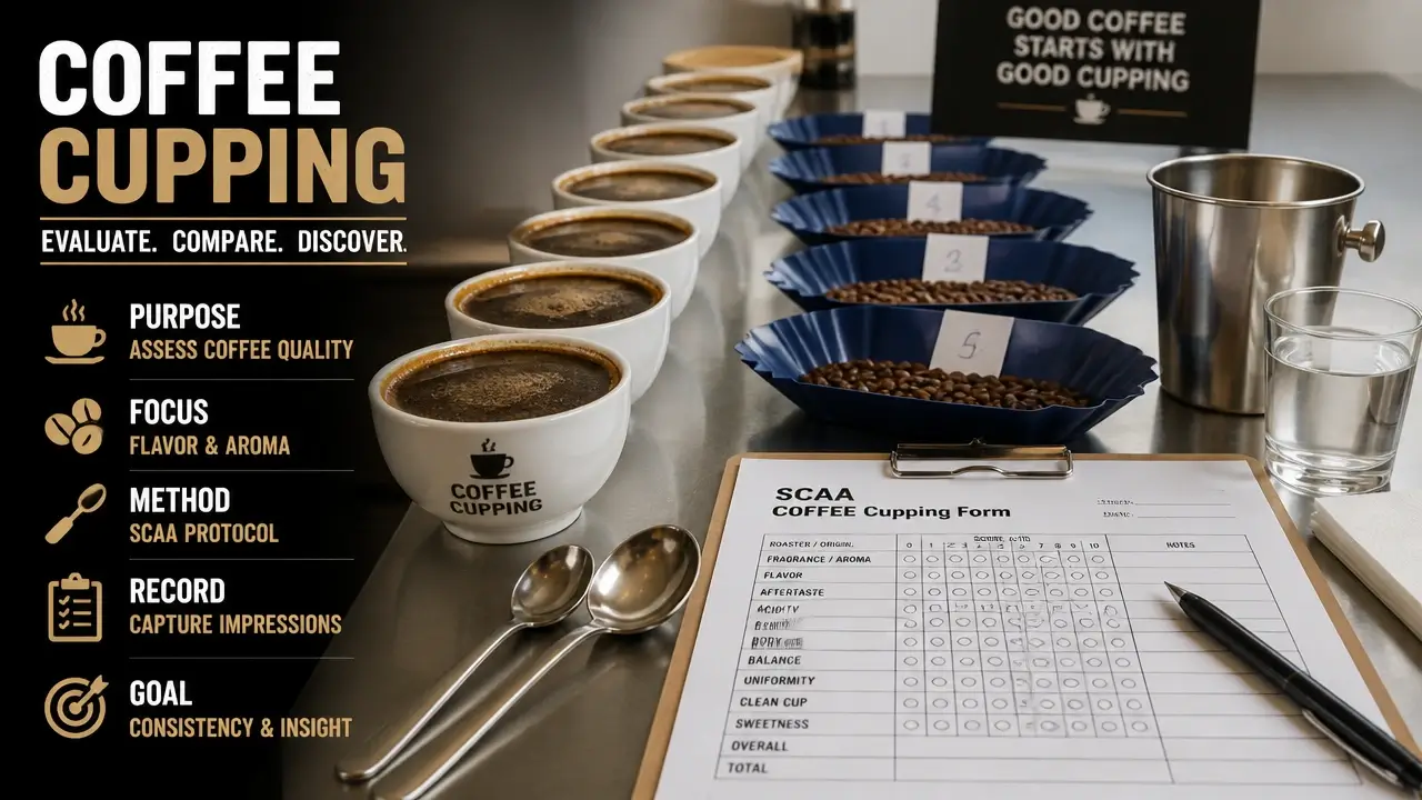 Cupping table with prepared cups spoons and filled SCAA form