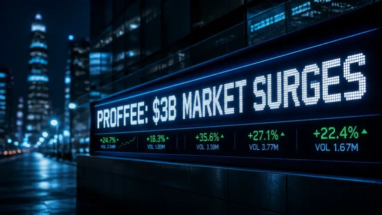 LED ticker panel reading 'PROFFEE: $3B MARKET SURGES' over a blurry nighttime cityscape, illustrating the high-protein coffee market growth
