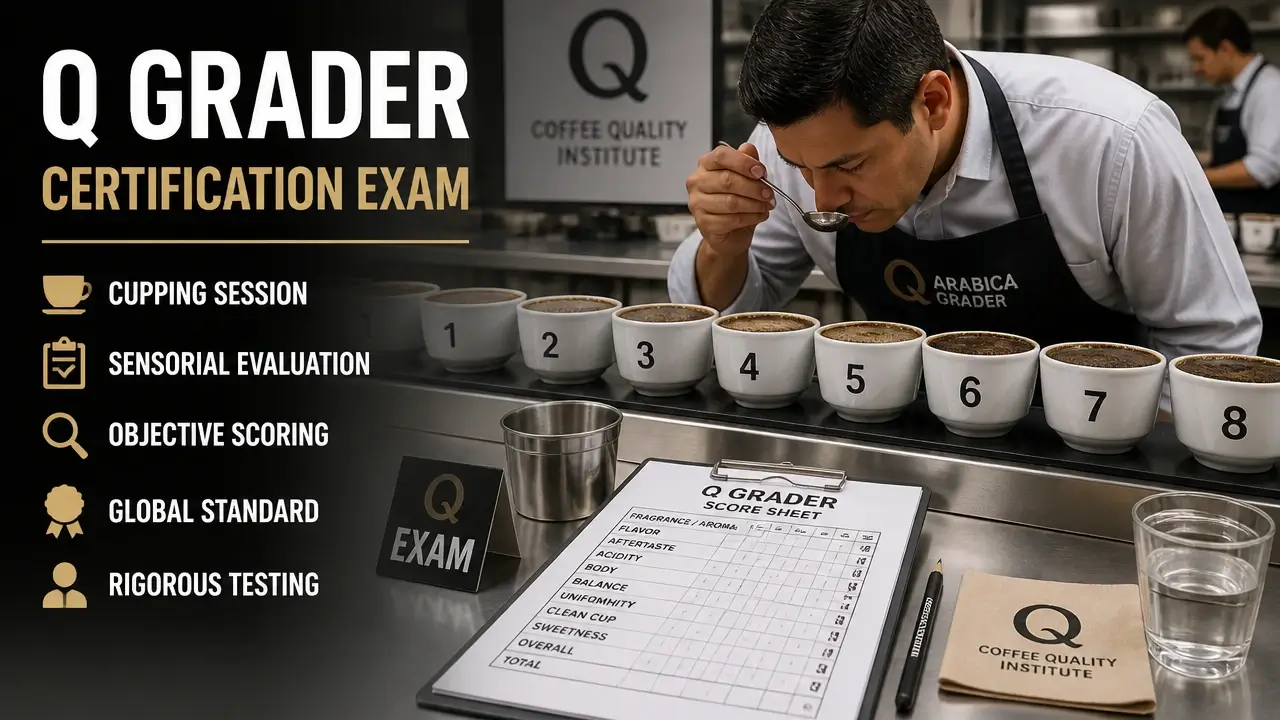 Q Grader exam cupping with numbered cups and scoring sheets