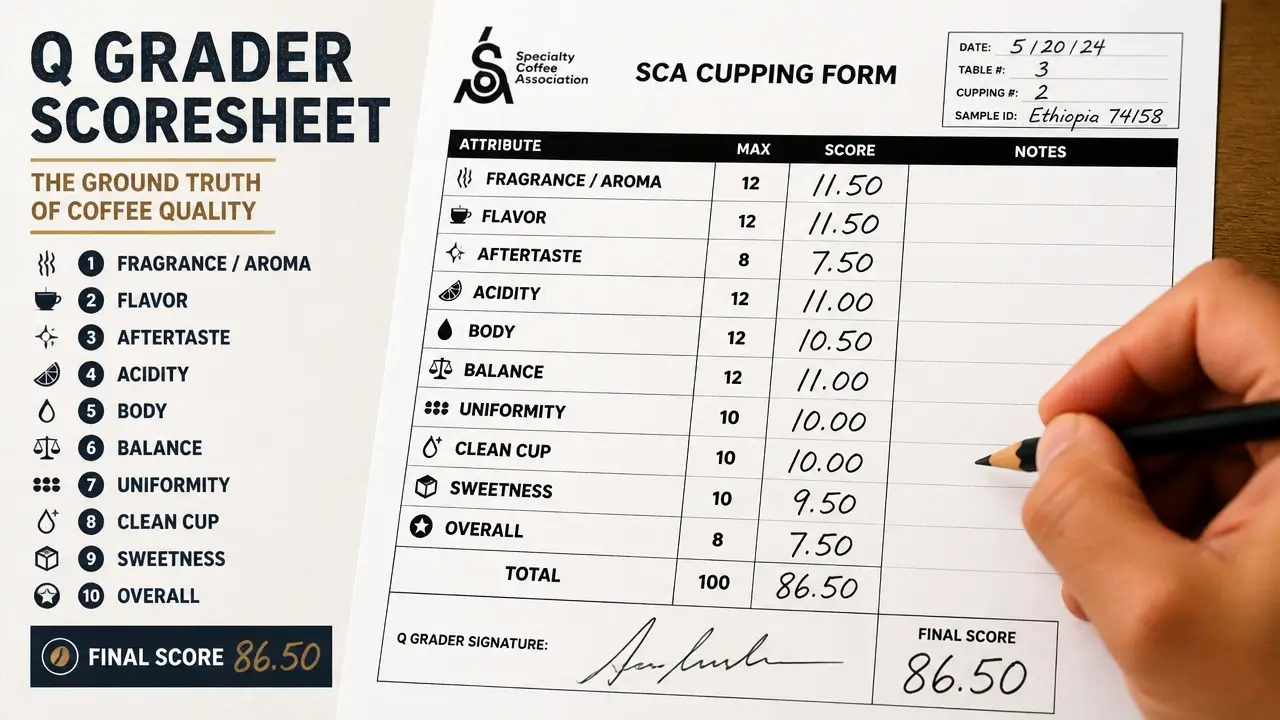 Hand scored SCA cupping form showing ten categories and final tally for 80 point specialty coffee threshold