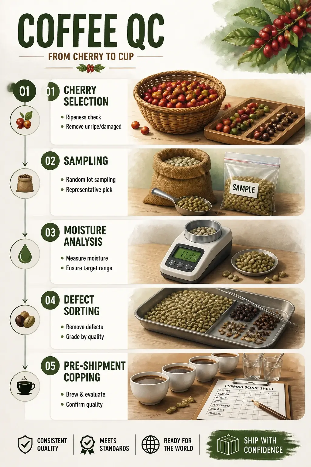 Infographic mapping coffee quality control from cherry selection to pre-shipment cupping with steps sampling moisture analysis defect sorting sensory evaluation