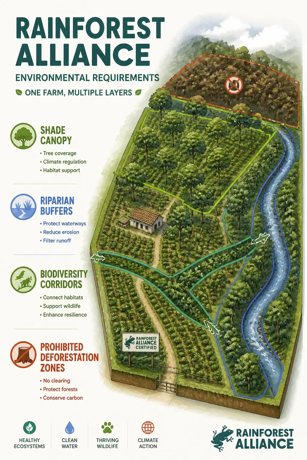 Infographic diagram showing shade canopy, riparian buffers, biodiversity corridors and prohibited deforestation zones on a Rainforest Alliance certified coffee farm