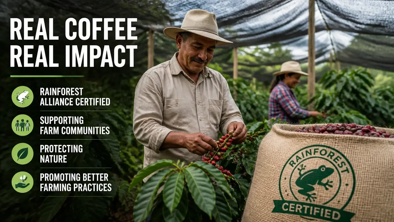 Smallholder coffee farm with green frog seal on burlap sack under shade canopy