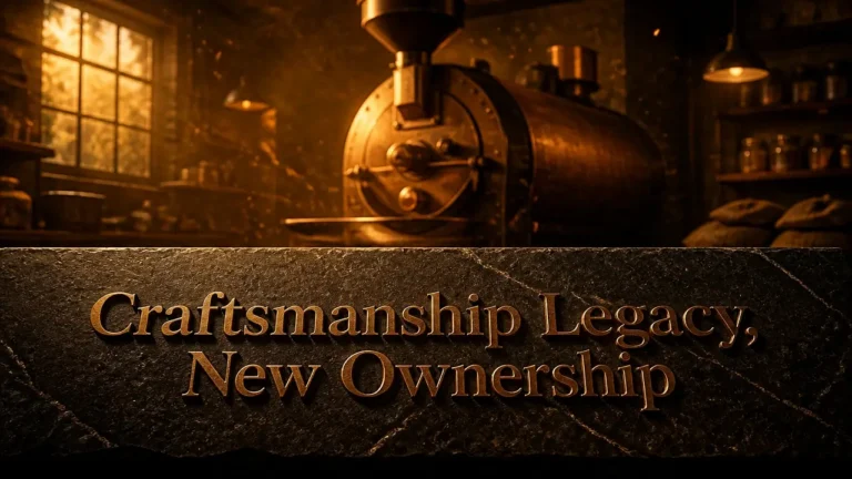 Bronze embossed typography reading 'Craftsmanship Legacy, New Ownership' on dark stone with a soft-focus workshop background and roaster silhouette