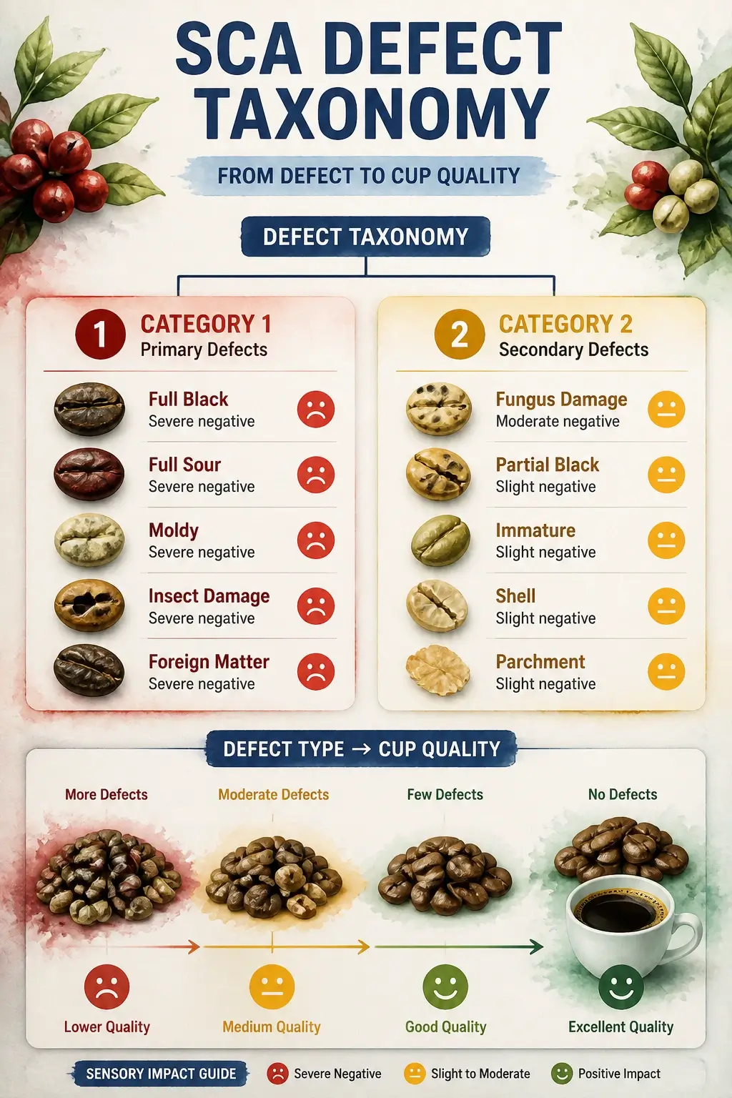 Infographic showing SCA defect taxonomy hierarchy with Category 1 and Category 2 defects, icons, sensory impacts, and effect on cup quality