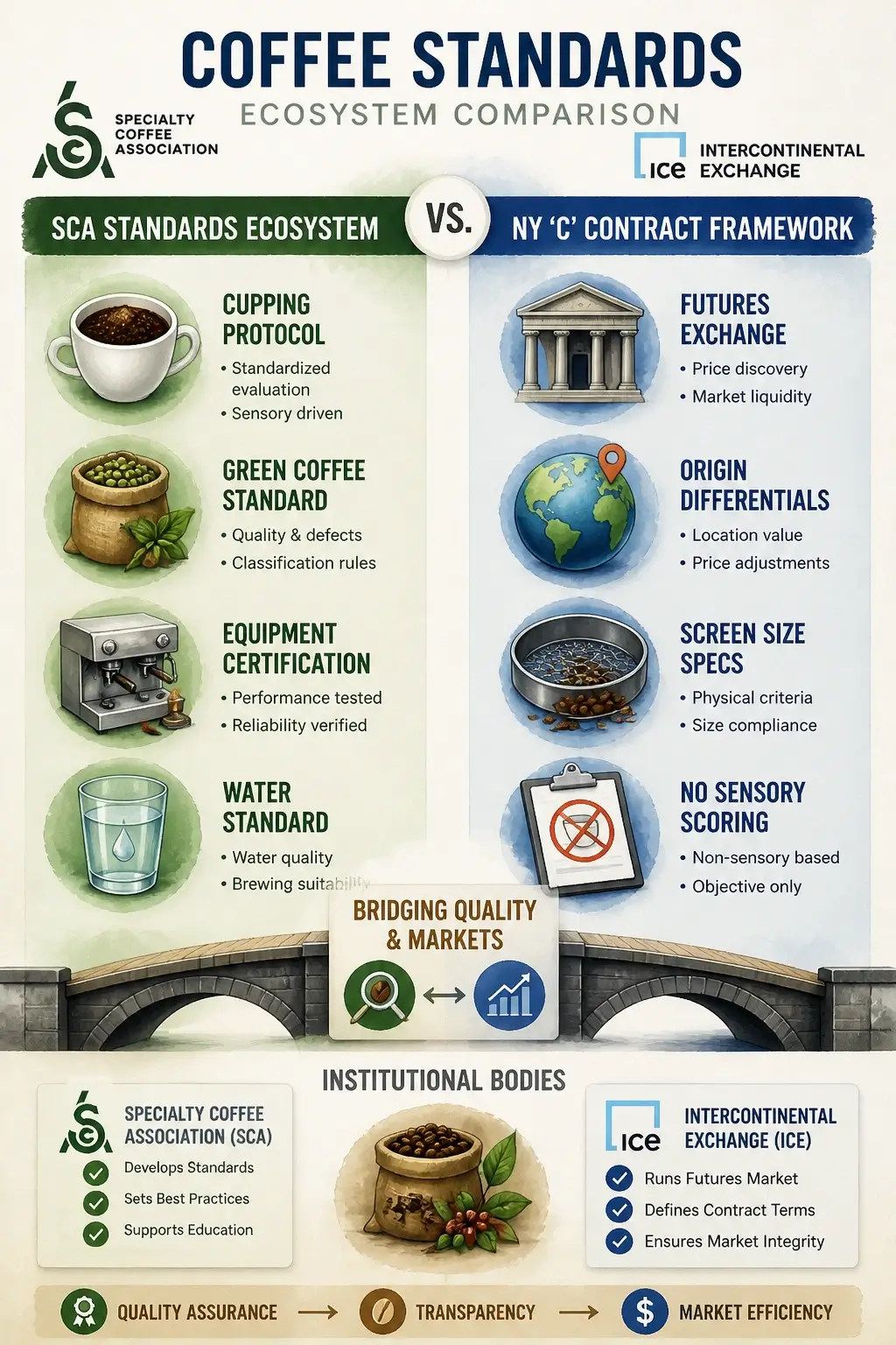 Infographic comparing SCA cupping protocol green coffee standard equipment certification water standard against NY C contract futures exchange origin differentials screen size specs no sensory scoring