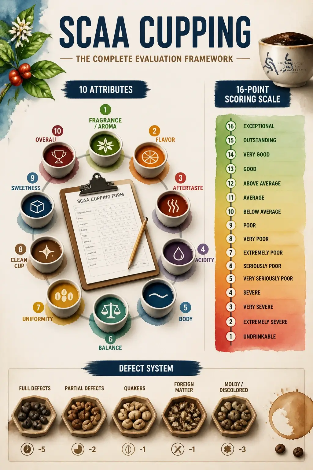 Infographic illustrating SCAA cupping form structure with 10 attributes, 16 point scoring scale, and defect system in a hyper realistic 3D watercolor style