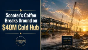 Split composition: 'Scooter's Coffee Breaks Ground on $40M Cold Hub' text left, construction site golden hour right, cold hub expansion.