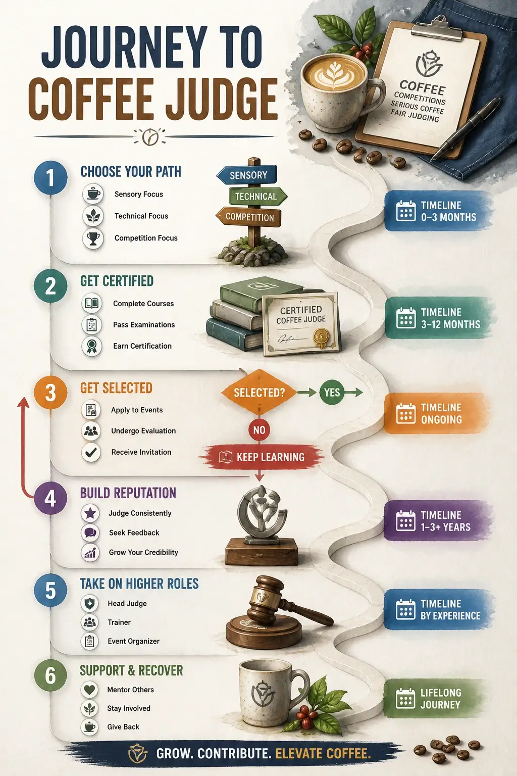 How to Become a Coffee Competition Judge: The Complete Path for Coffee Professionals 5 Infographic illustrating sensory and technical coffee competition judge paths with decision points and timelines
