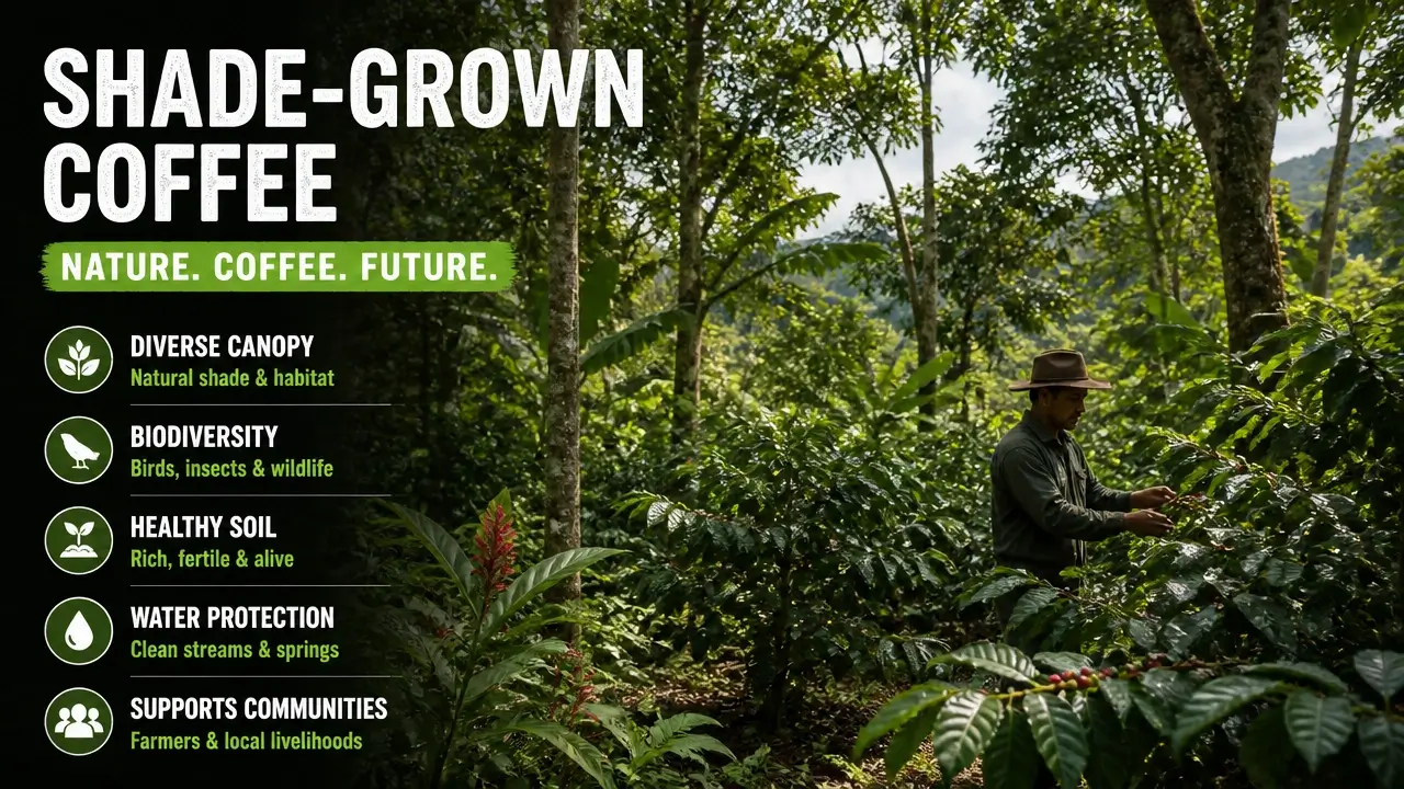 Organic vs Conventional Coffee: What the Certification Label Actually Tells You (And What It Doesn't) 5 Diverse canopy and understory vegetation in shade-grown organic coffee farm for soil carbon and biodiversity