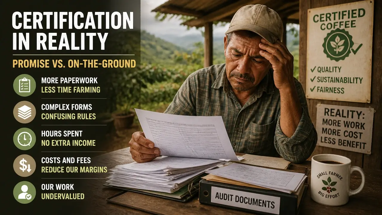 Smallholder coffee farmer reviewing certification audit paperwork with frustrated expression