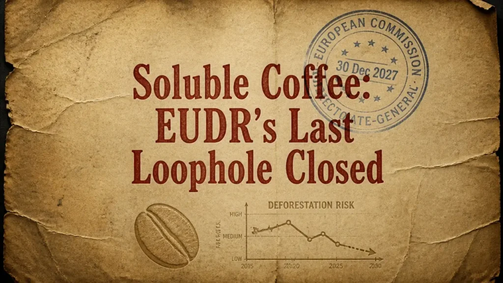 Aged document with red headline 'Soluble Coffee: EUDR's Last Loophole Closed' and EU stamp, representing new trade regulation for soluble coffee deforestation compliance.