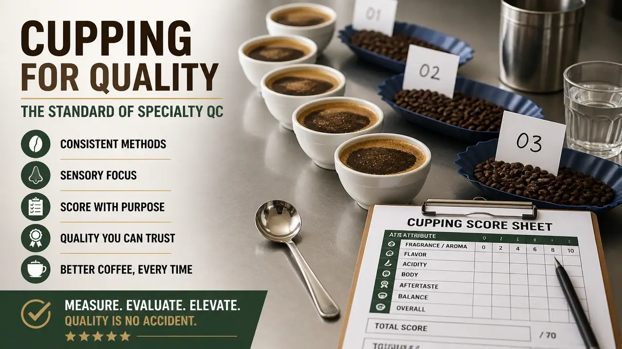 Cupping table with multiple coffee samples, cupping spoon, and scoring sheet for sensory evaluation