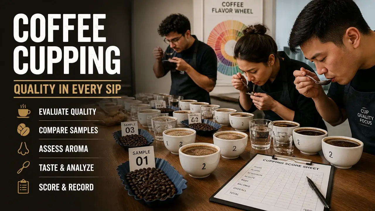 Cuppers gathered around a table with bowls spoons and score sheet during a coffee cupping session