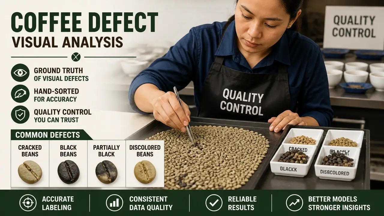 Coffee quality control specialist hand-sorting green coffee with visible cracked and black defects on cupping table