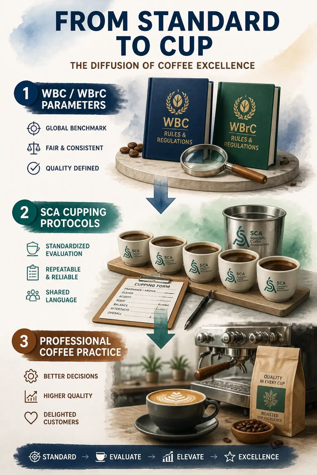 The Real Impact of Coffee Competitions on the Industry: What's Proven, What's Not, and What Professionals Need to Know 5 Infographic illustrating diffusion of WBC WBrC competition standards through SCA cupping protocols into professional coffee practice