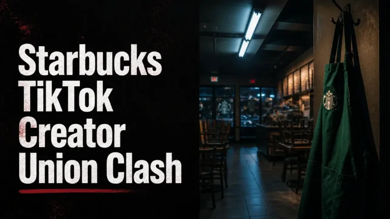 Split composition with bold headline 'Starbucks TikTok Creator Union Clash' next to a dim coffee shop interior with a hanging barista apron