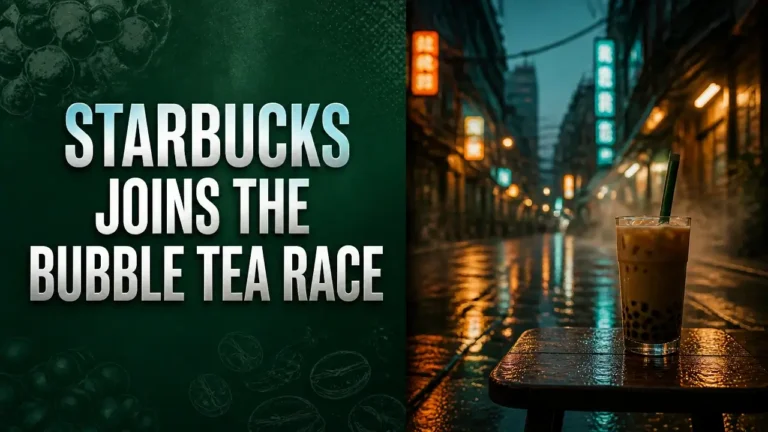 Split composition headline 'Starbucks Joins the Bubble Tea Race' over misty Saigon alley with blurred neon signs and silhouette of iced milk tea glass