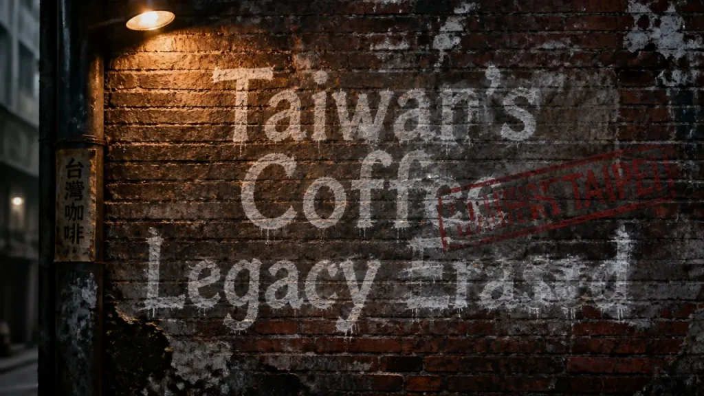 Chalk text 'Taiwan's Coffee Legacy Erased' on weathered brick wall with red Chinese Taipei stamp, symbolizing World Coffee Championships name dispute.