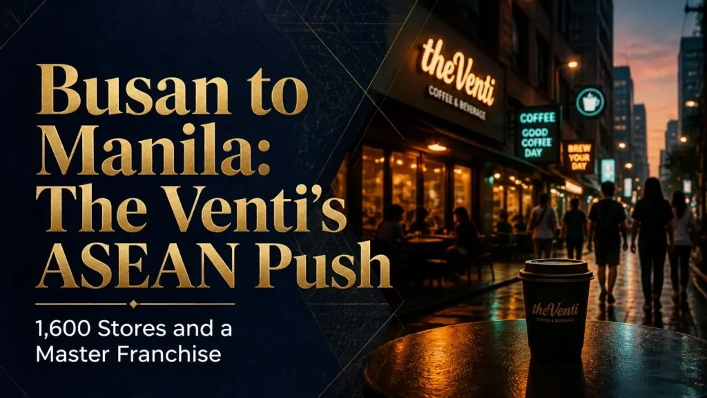 Split composition with gold typography on navy background and a dusk Manila café scene illustrating The Venti's Philippine expansion as a Southeast Asia bridgehead