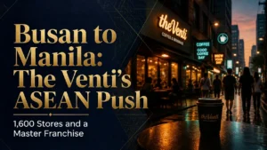 Split composition with gold typography on navy background and a dusk Manila café scene illustrating The Venti's Philippine expansion as a Southeast Asia bridgehead