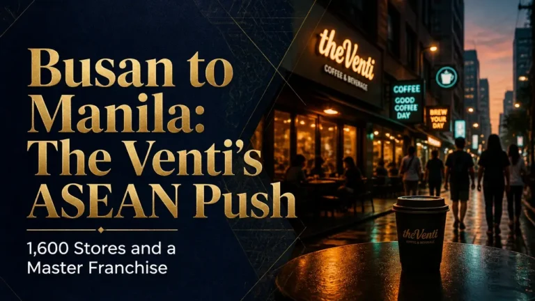 Split composition with gold typography on navy background and a dusk Manila café scene illustrating The Venti's Philippine expansion as a Southeast Asia bridgehead