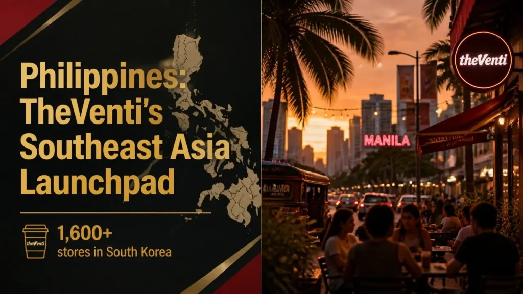 TheVenti Southeast Asia expansion starts in Philippines 8 Split composition with gold typography 'Philippines: TheVenti's Southeast Asia Launchpad' on dark left panel and a warm dusk café street scene in Manila on the right