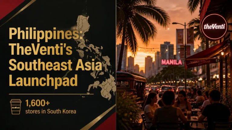 Split composition with gold typography 'Philippines: TheVenti's Southeast Asia Launchpad' on dark left panel and a warm dusk café street scene in Manila on the right